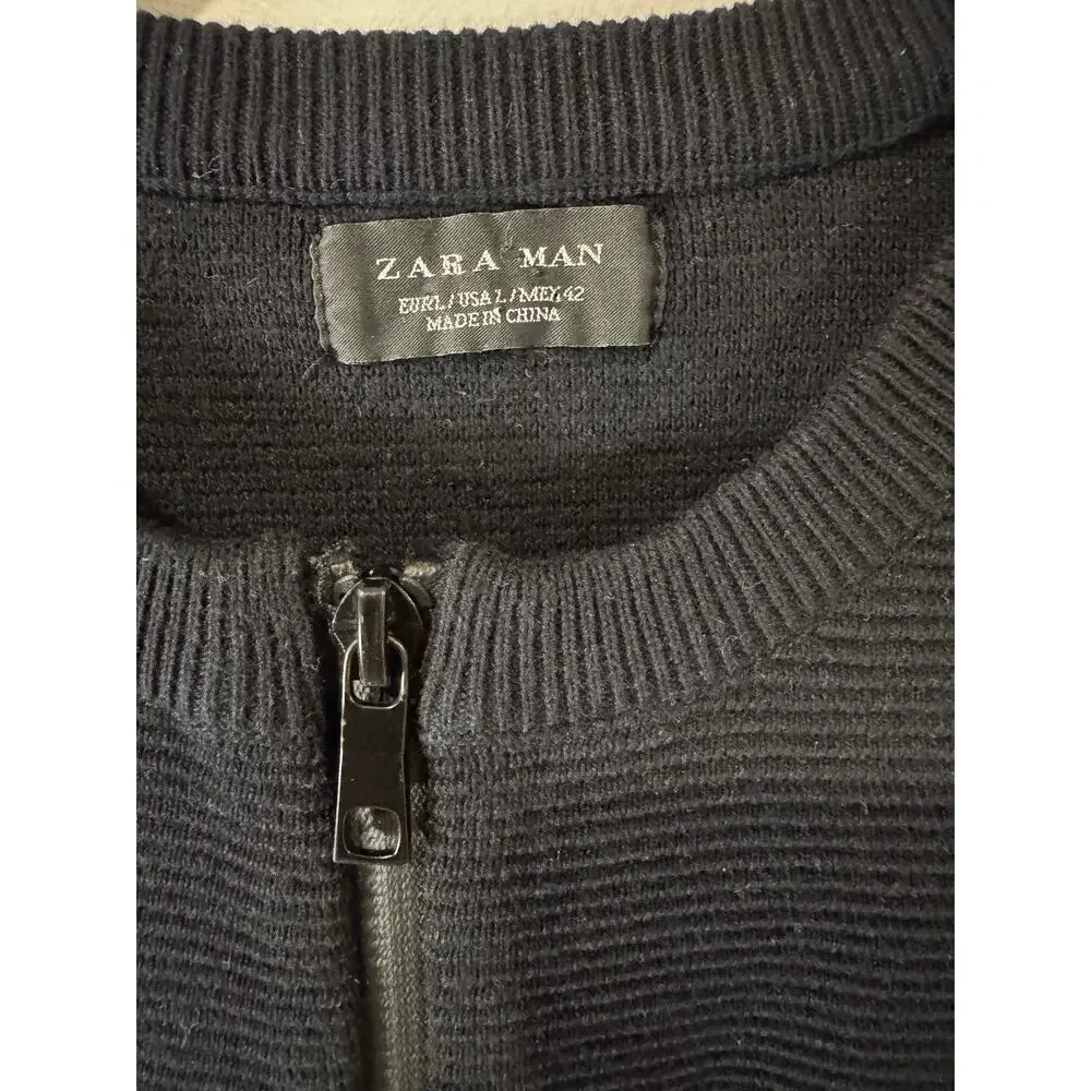 ZARA Man Black Quarter-Zip Ribbed Sweater Size L – Minimalist Knit Pullover